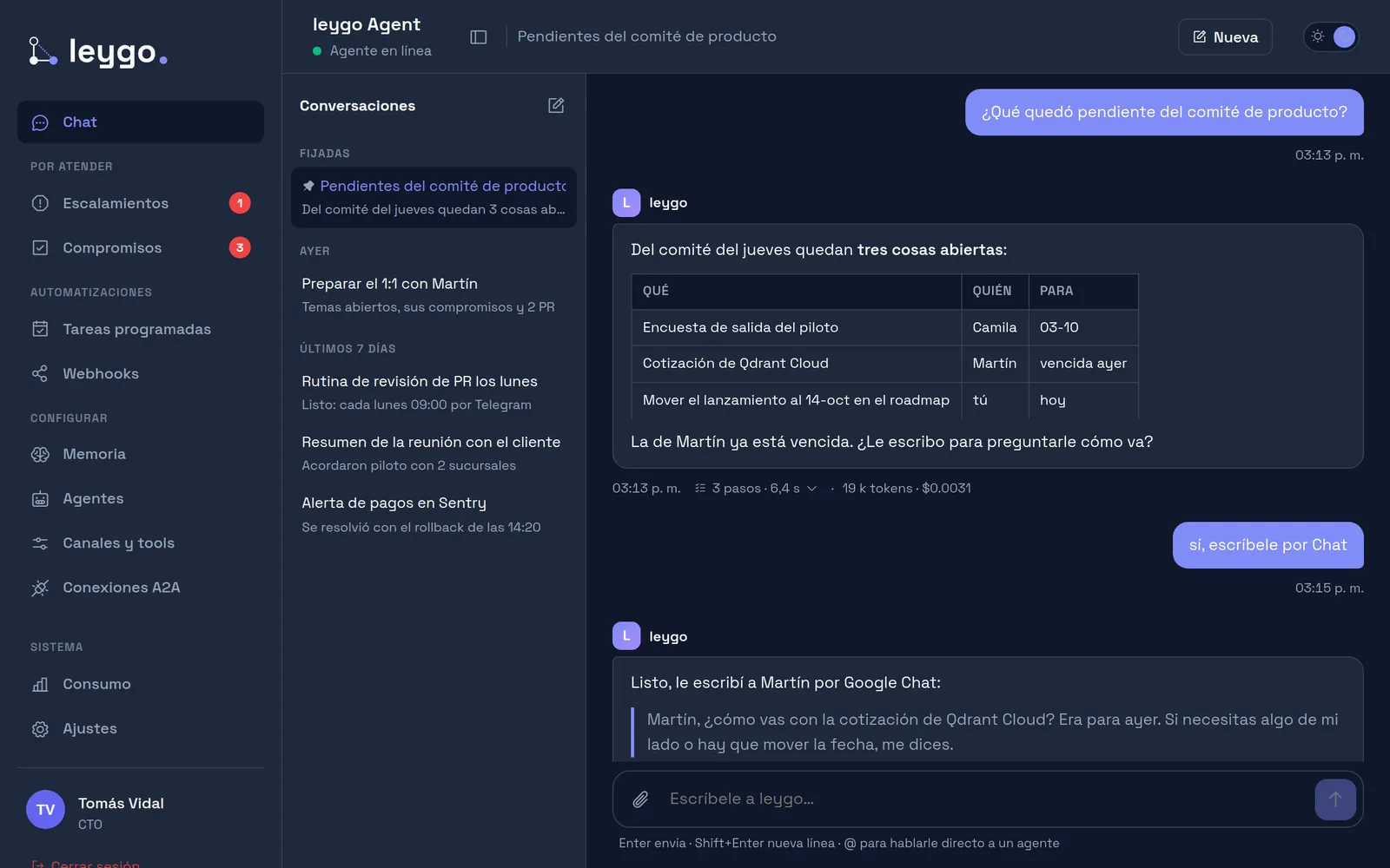 Chat de leygo con una tabla de pendientes del comité y una respuesta directa del agente Nami