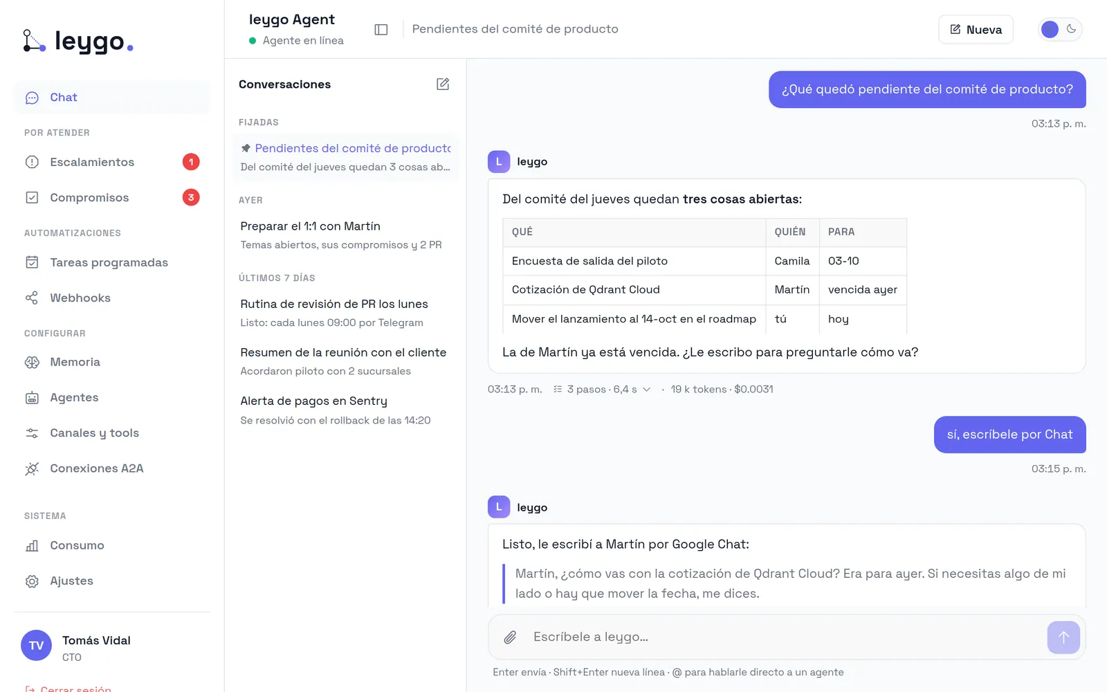 Chat de leygo con una tabla de pendientes del comité y una respuesta directa del agente Nami
